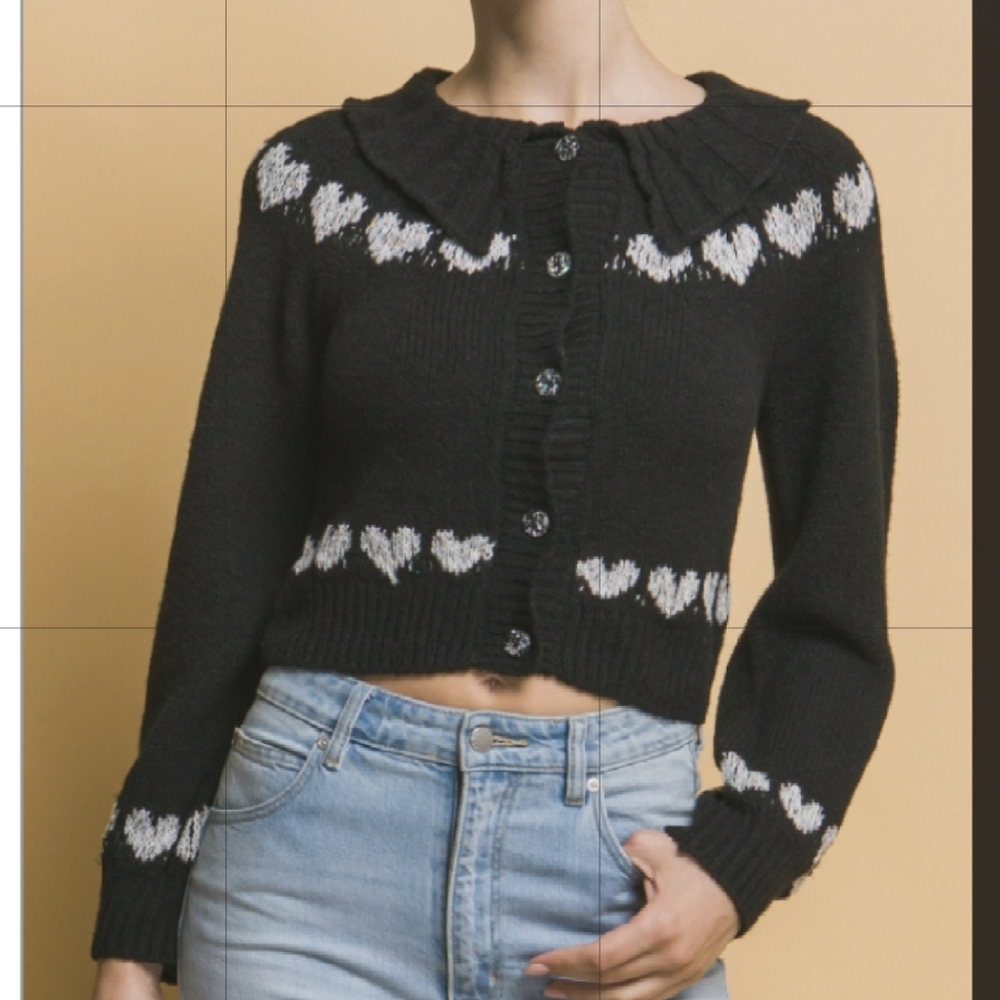 Black / White Heart Accent  Cropped Button Up Cardigan Sweater